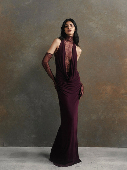 Lace Patchwork Deep V Ruched Prom Dress