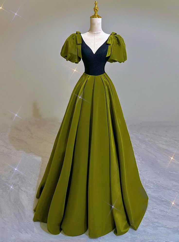 Vestido de fiesta sexy de satén verde con escote en V y mangas abullonadas para cumpleaños, Y7600
