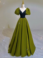 Vestido de fiesta sexy de satén verde con escote en V y mangas abullonadas para cumpleaños, Y7600