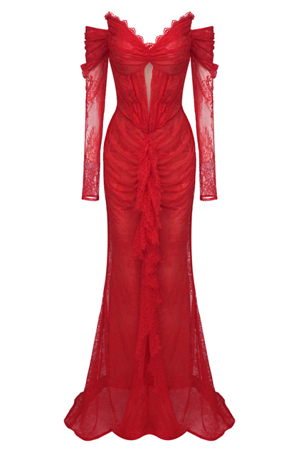 Wunderschönes rotes Abendkleid mit plissierter Spitze, elegantes Ballkleid Y7694