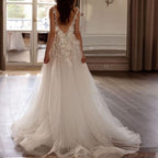 Sexy Backless Wedding Dresses For Woman V Neck Appliques Bridal Gowns Bohemian Princess Customize Tulle Vestidos-payinti