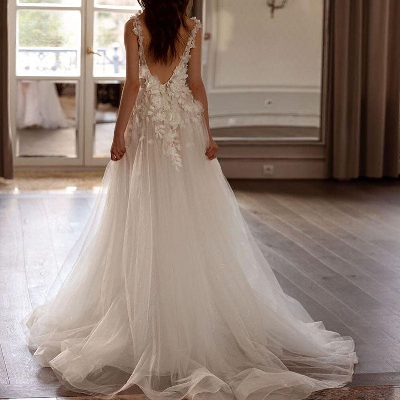 Sexy Backless Wedding Dresses For Woman V Neck Appliques Bridal Gowns Bohemian Princess Customize Tulle Vestidos-payinti