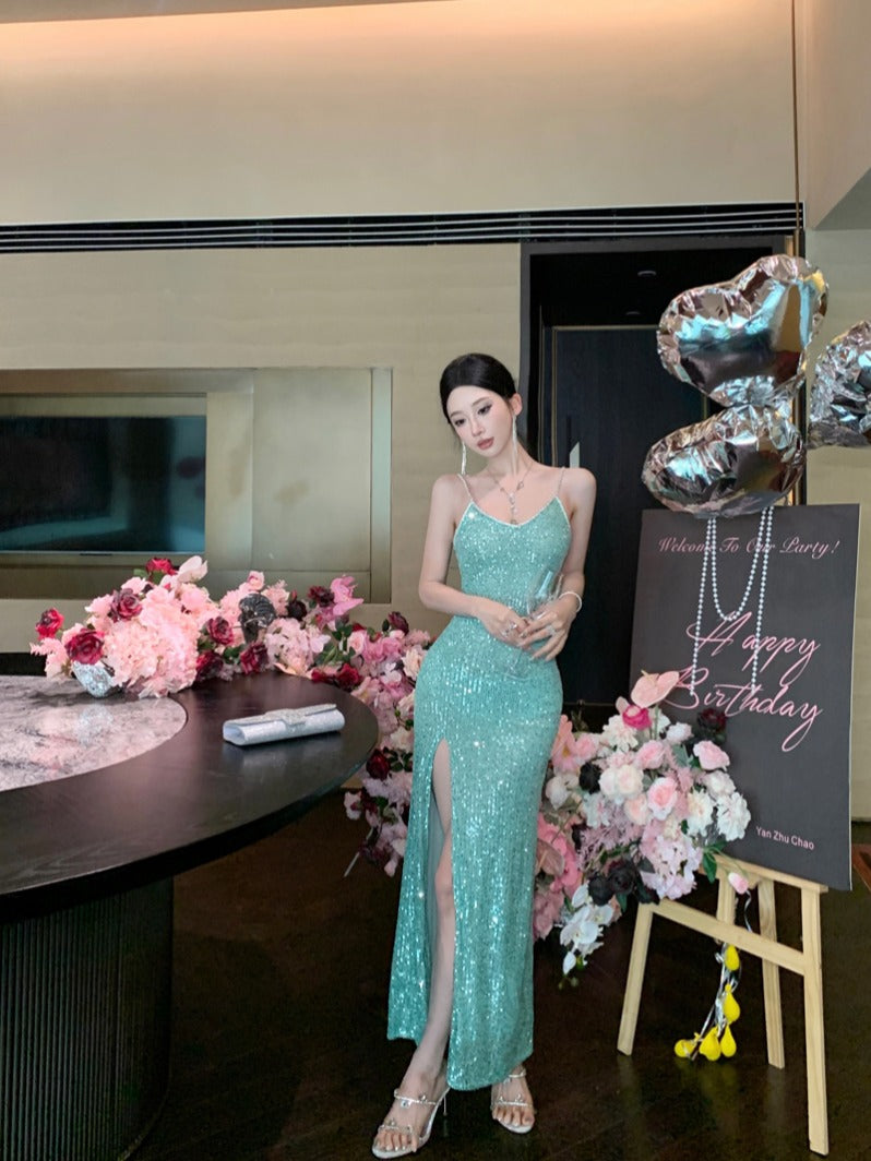 Green Sequin High-Slit Evening Dress – Elegant Party & Formal Gown