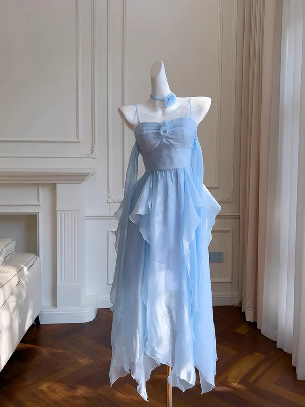 Schlichtes blaues Chiffon-Heimkehrkleid mit Spaghettiträgern, Partykleid Y8581