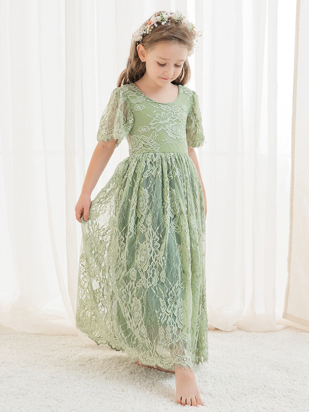 A-Linie Spitze Tüll Knöchellang Grün Kleid (2003227593) 