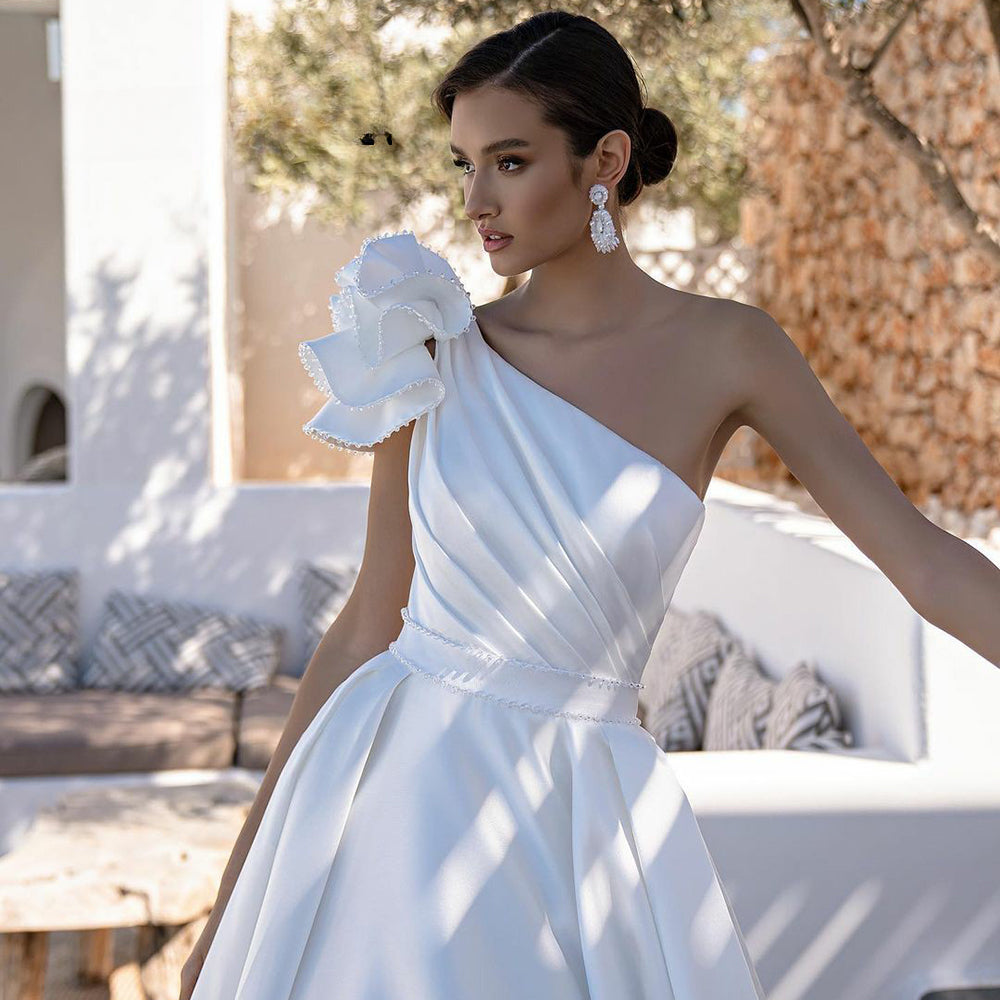 Elegant A-Line One Shoulder Stain Wedding Dress Beading Sleeveless Bridal Gowns For Women Custom Made Vestido De Novia-payinti