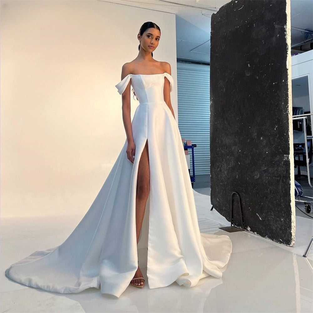 Simple A Line Satin Bride Wedding Dresses Strapless High Split Bridal Dress Women Formal Special Party Bridal Gowns-payinti