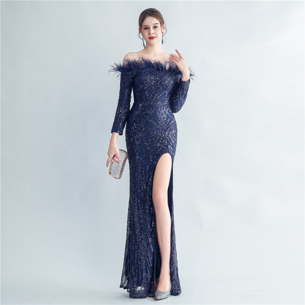High Density Ostrich Hair Sequin Off Shoulder Fishtail Evening Dress