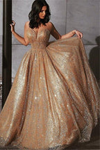 Glamoroso vestido de fiesta largo de tul con lentejuelas y volantes en corte A dorado