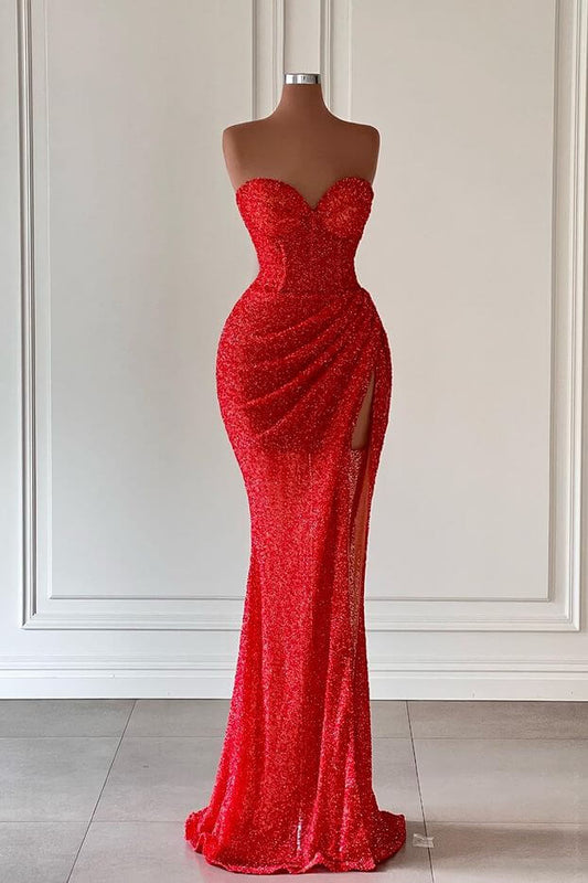 Vestido de fiesta de sirena sin mangas con escote corazón, lentejuelas y abertura hasta el muslo