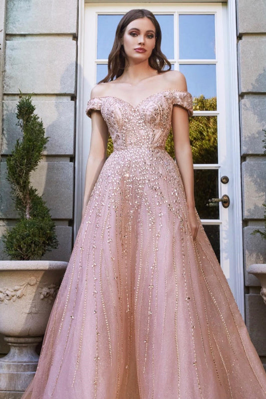 Long A-line Off-The-Shoulder Sweetheart Tulle Prom Dress With Beads