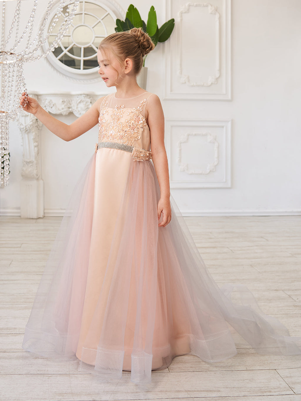 A-Linie Satin Tüll Sweep/Pinsel zug Champagner Kleid (010226776) 
