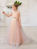 A-Linie Satin Tüll Sweep/Pinsel zug Champagner Kleid (010226776) 