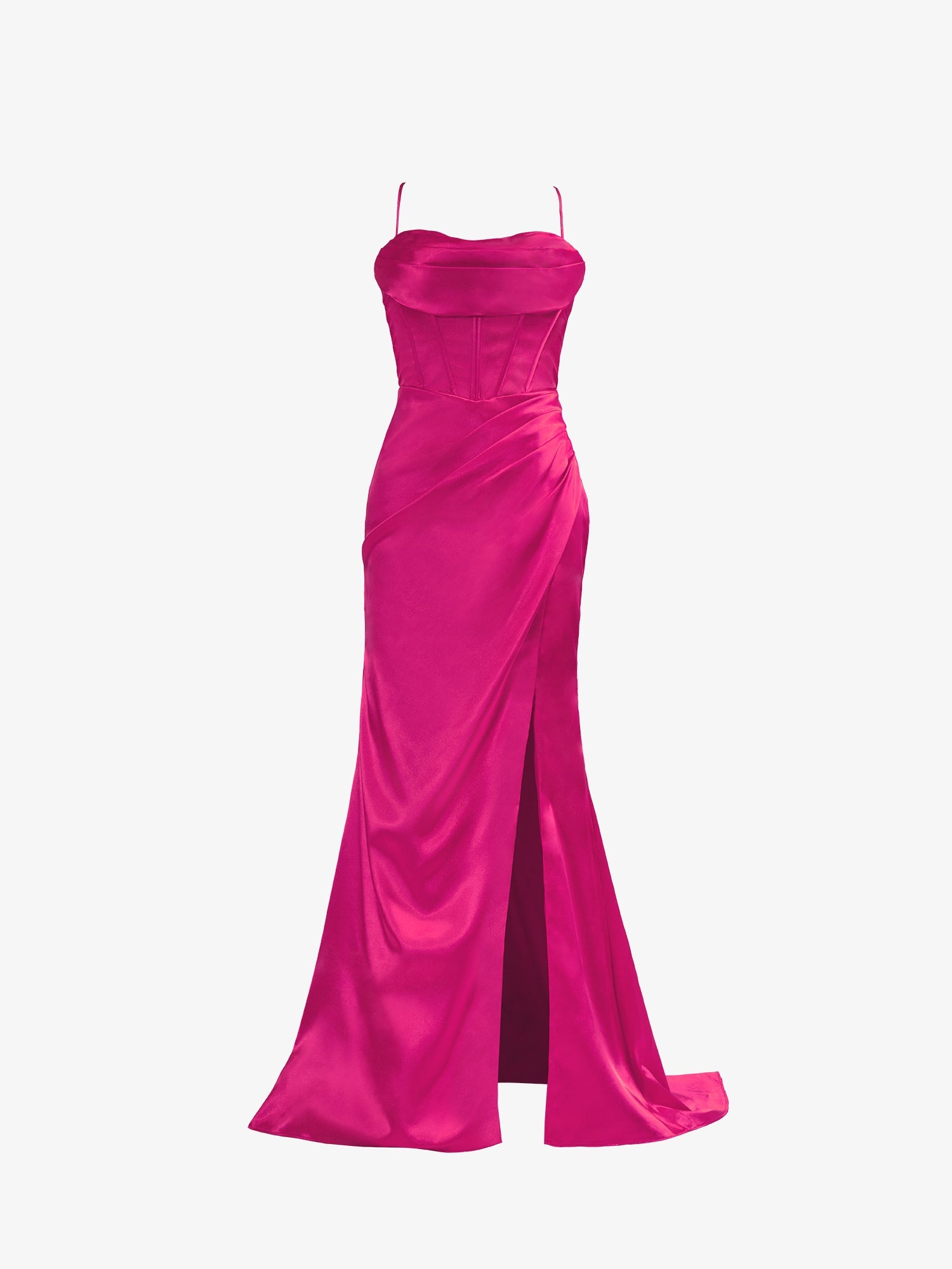 Aaliyah| Vestido de fiesta de satén estilo sirena con tirantes finos en rosa intenso y abertura