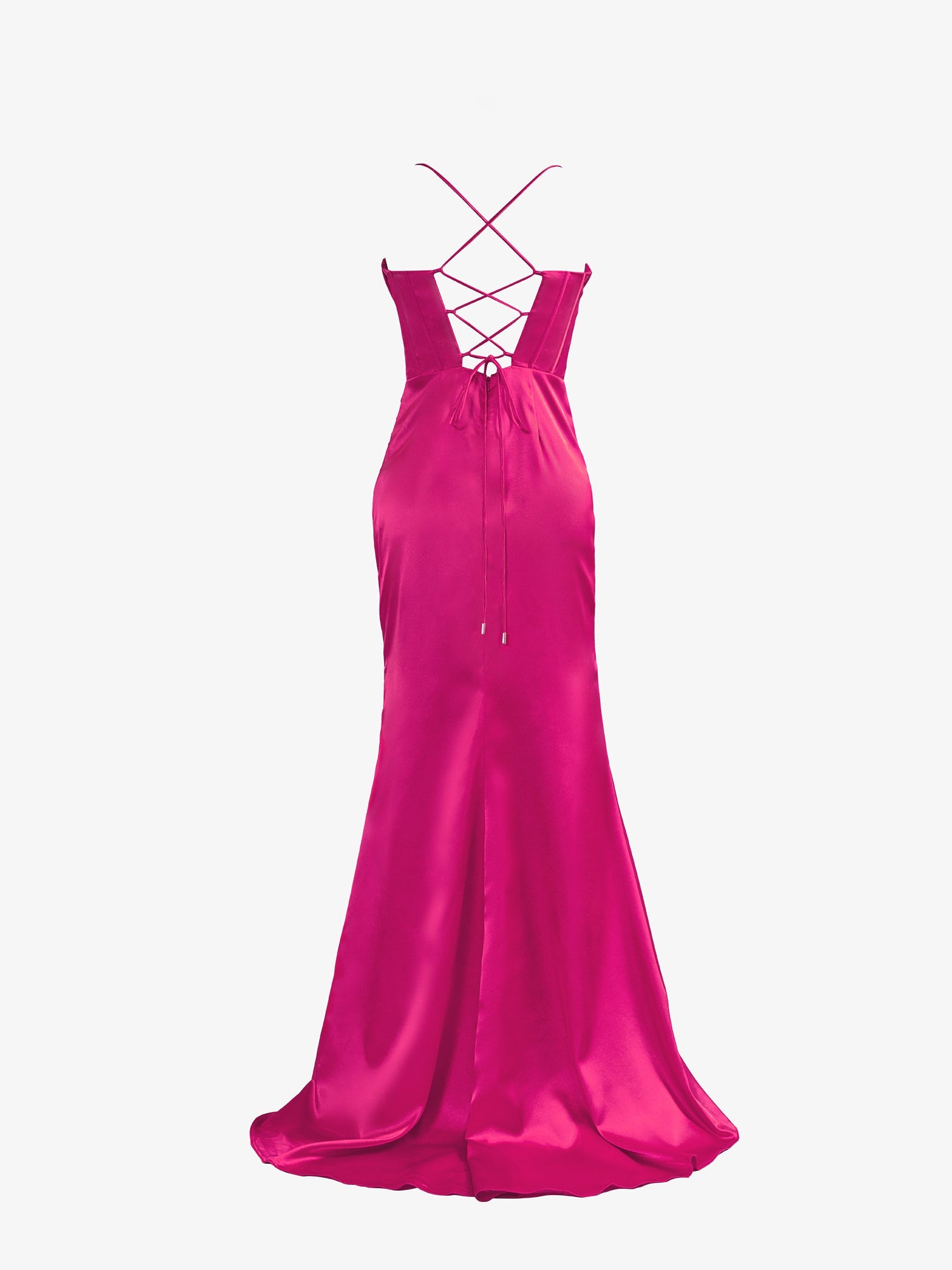 Aaliyah| Vestido de fiesta de satén estilo sirena con tirantes finos en rosa intenso y abertura