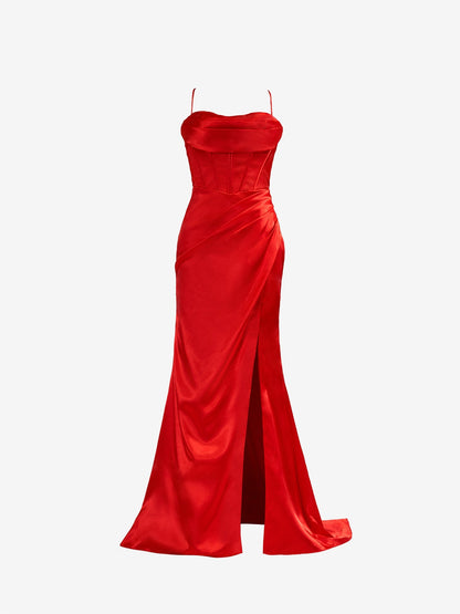 Aaliyah| Rotes Meerjungfrau-Ballkleid aus Satin mit Spaghettiträgern und Schlitz