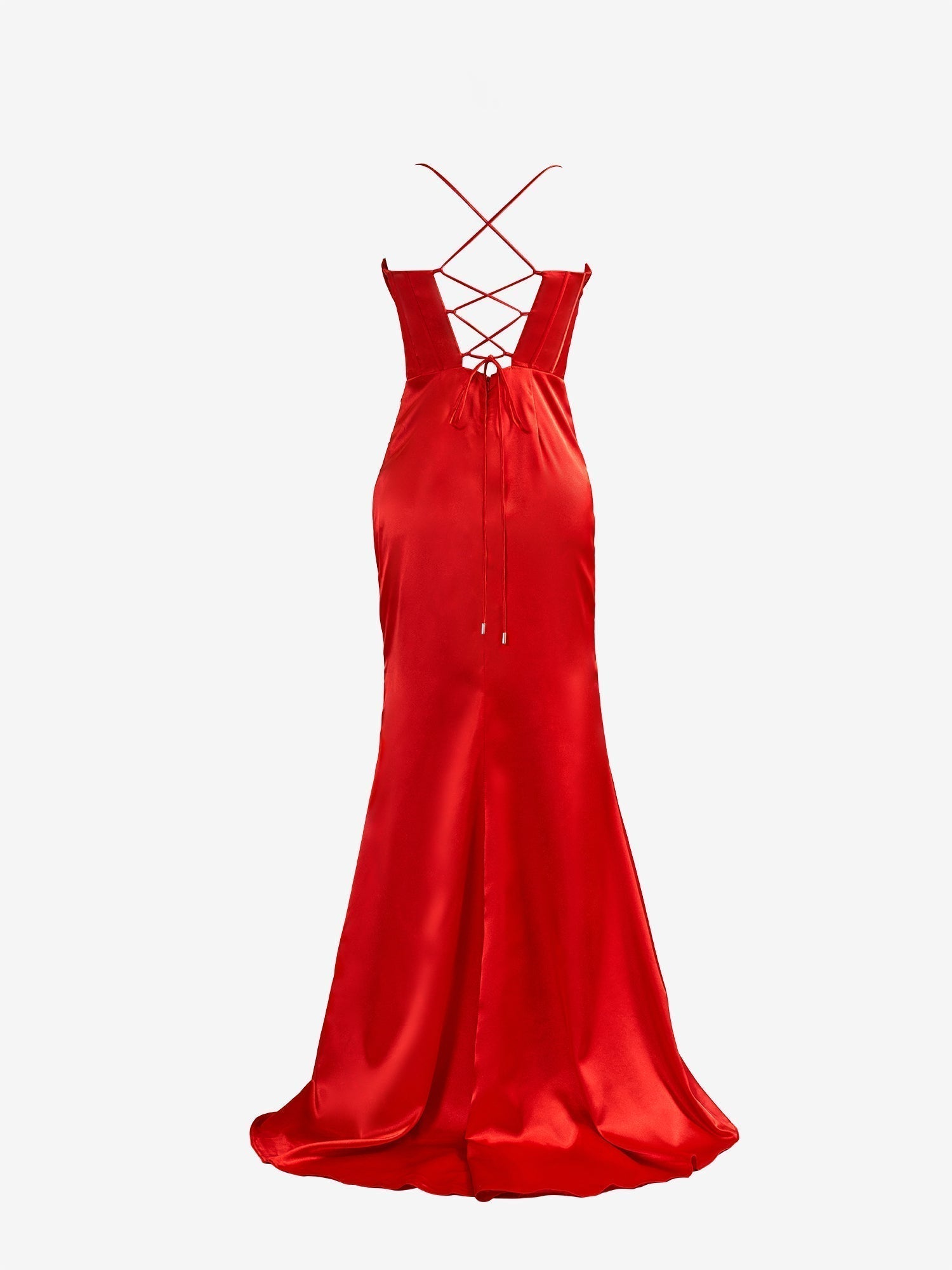 Aaliyah| Vestido de fiesta de sirena de satén con tirantes finos rojos y abertura