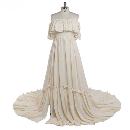 Off The Shoulder White Maternity Dresses for Photo Shoot Adjustable Waist Baby Shower Dress for Photoshoot