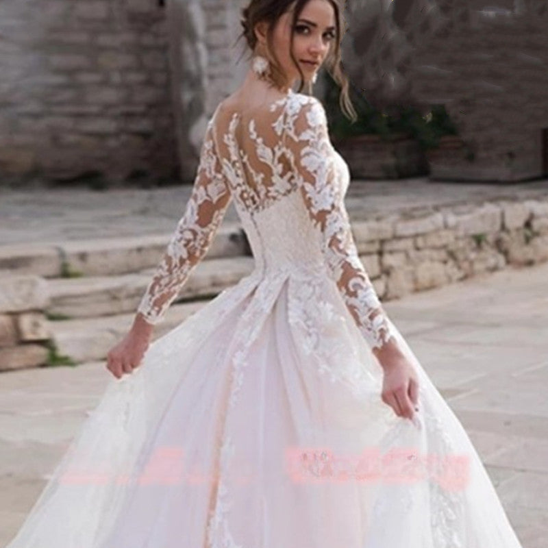 Luxury Pink Long Sleeves Wedding Dress Ball Gown Lace Appliques O-Neck Button Royal Train Bride Gowns Vestido De Novia Princess-payinti
