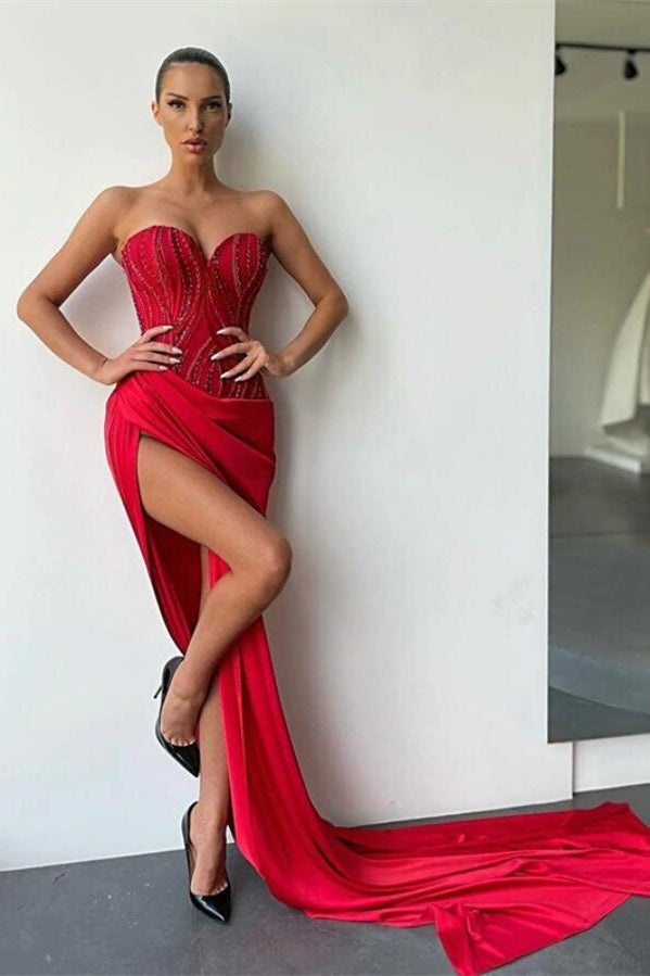Sweetheart Sleeveless Mermaid Prom Gown with Beaded Details and Daring Split