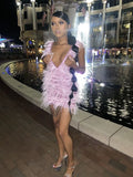 Vestido de fiesta rosa con escote en V profundo, vestido corto rosa para el regreso a casa Y1876
