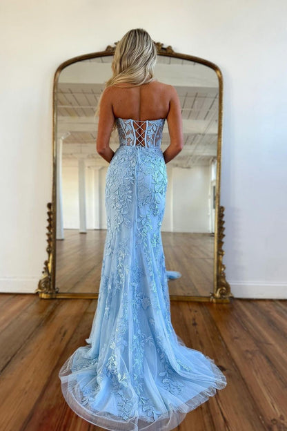 Himmelblaues langes Meerjungfrau-Abendkleid mit Herzausschnitt und Spitze