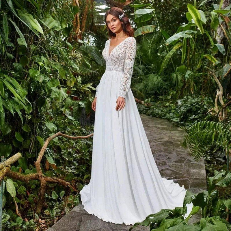 Bohemian Sweetheart Wedding Dresses A-Line Long Sleeve White Lace Applique Chiffon Backless Bridal Gown Train Vestidos De Novia-payinti