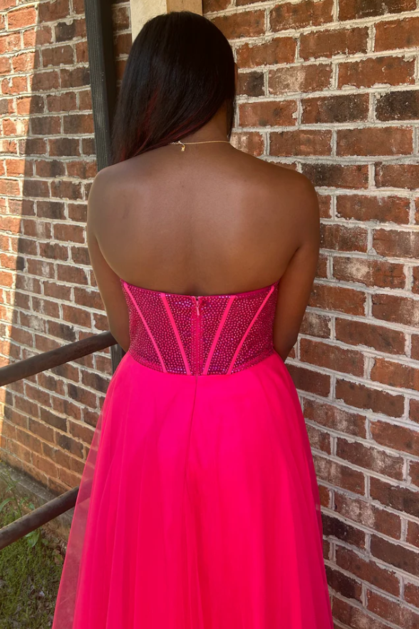 Abgründig | A-Linie, trägerlos, Perlen, Empire-Taille, ärmelloses Ballkleid mit Schlitz