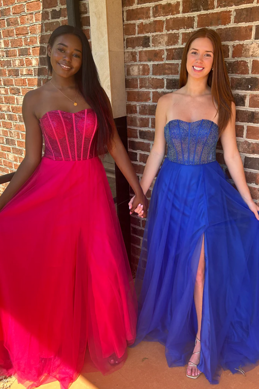 Abgründig | A-Linie, trägerlos, Perlen, Empire-Taille, ärmelloses Ballkleid mit Schlitz
