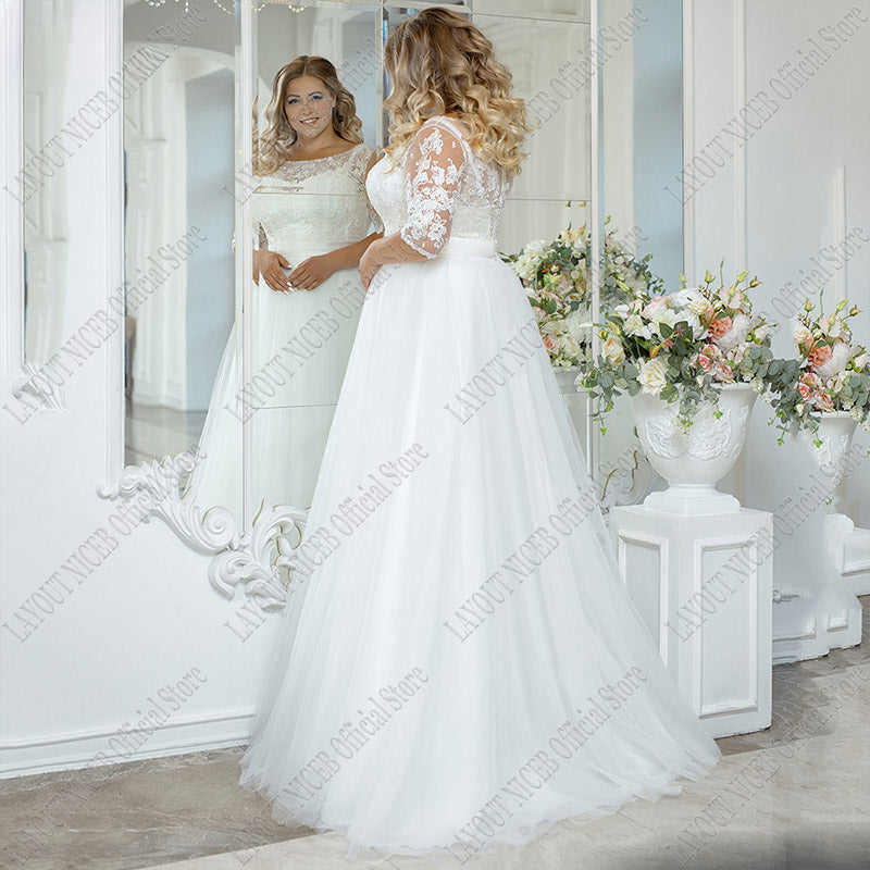 Vintage Beach Wedding Dress Plus Size Boho Lace Applique Three Quarter Sleeves Tulle Bride Gown A-Line Floor Length-payinti