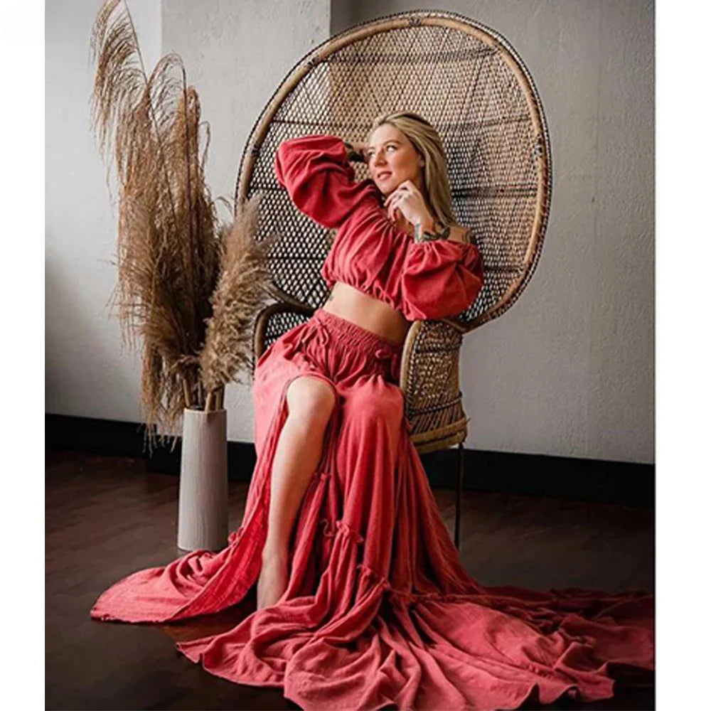 Vestido de maternidad de dos piezas con hombros descubiertos para playa, vestido de fotografía de manga larga, vestido para baby shower SY211203 