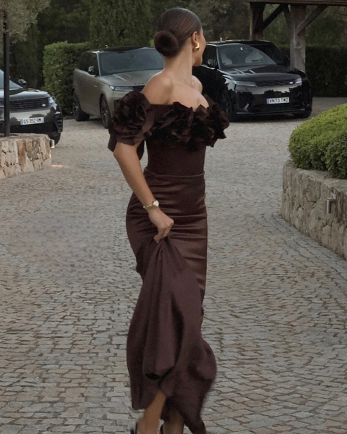 Classy Brown Off The Shoulder Sequin Mermaid Party Dress Long Wedding Guest Dress SP866 main image 1