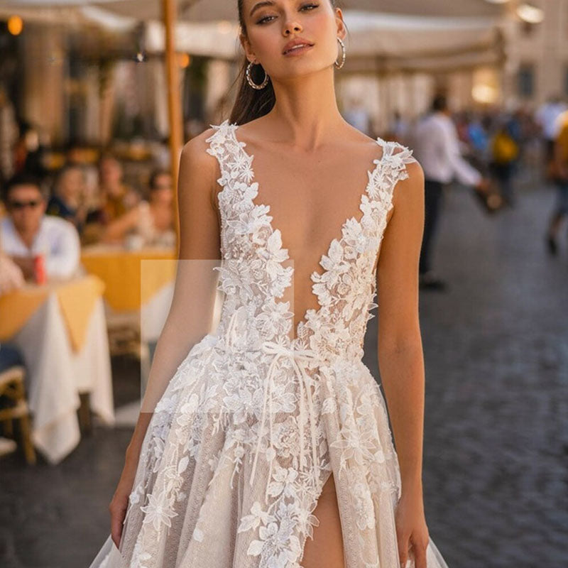 Boho Wedding Dresses For Dress Elegant A-Line Sleeveless 3D Appliqued Bride Gown Side Split Sexy Backless Dress-payinti