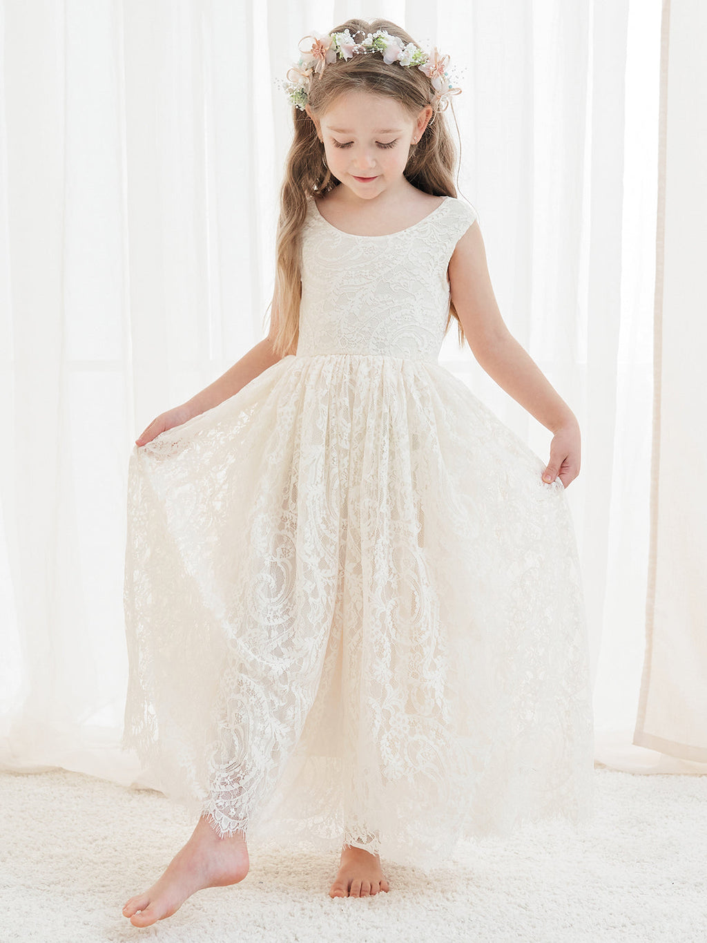 A-Linien-Spitze Knöchellanges Elfenbein Boho Blumenmädchenkleid 