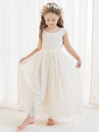 A-Linien-Spitze Knöchellanges Elfenbein Boho Blumenmädchenkleid 