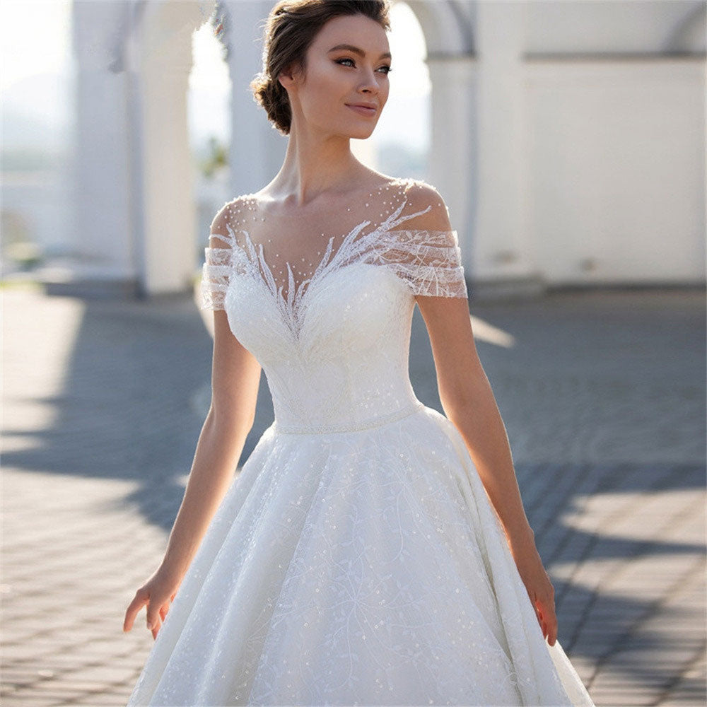 Charming Cap Sleeves Bridal Gowns 2024 Classic Lace A-Line Wedding Dress Backless O-Neck Vestidos De Novia Custome Made-payinti