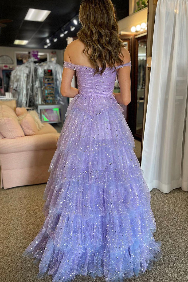 Acadia | Vestido de fiesta largo de tul con volantes, hombros descubiertos y corte A