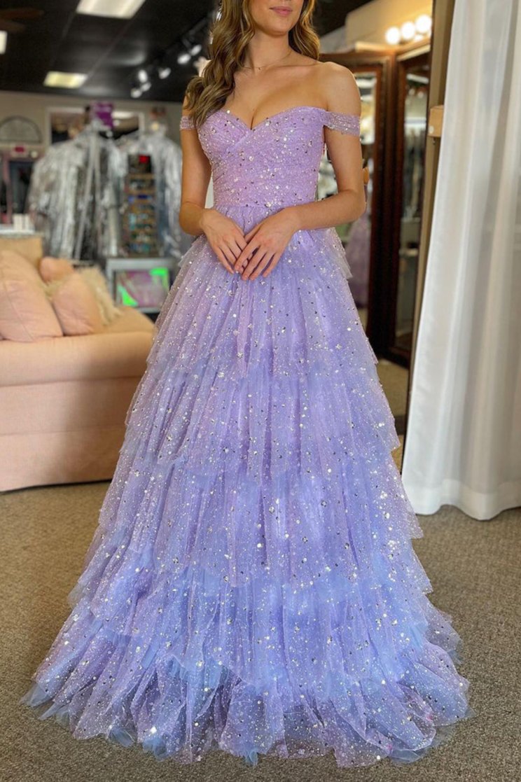 Acadia | Vestido de fiesta largo de tul con volantes, hombros descubiertos y corte A