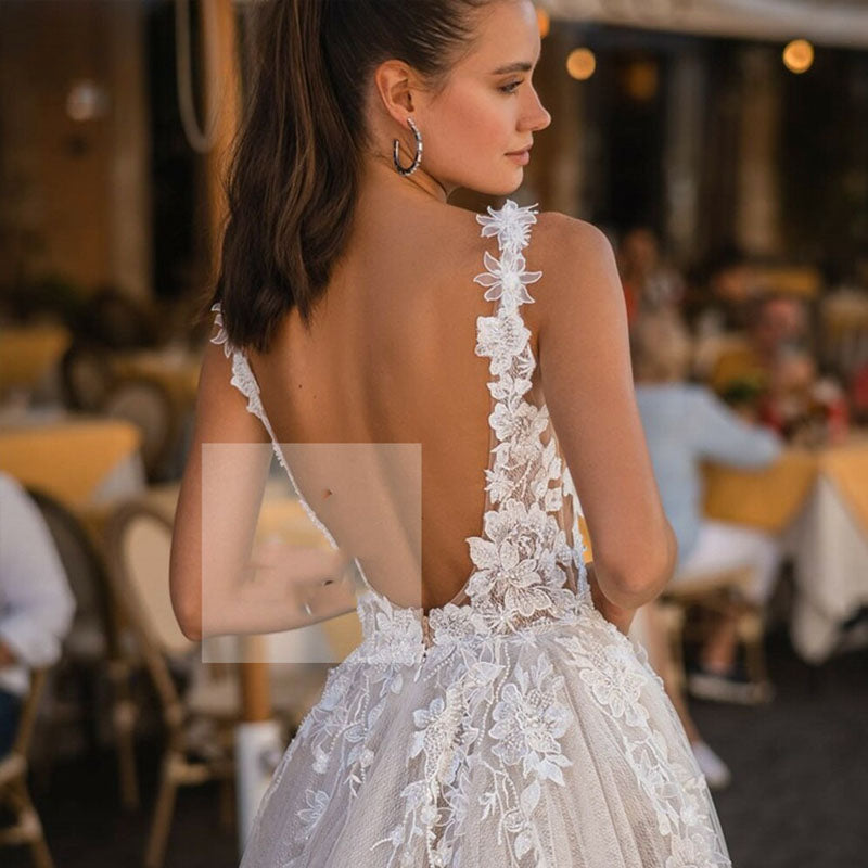 Boho Wedding Dresses For Dress Elegant A-Line Sleeveless 3D Appliqued Bride Gown Side Split Sexy Backless Dress-payinti