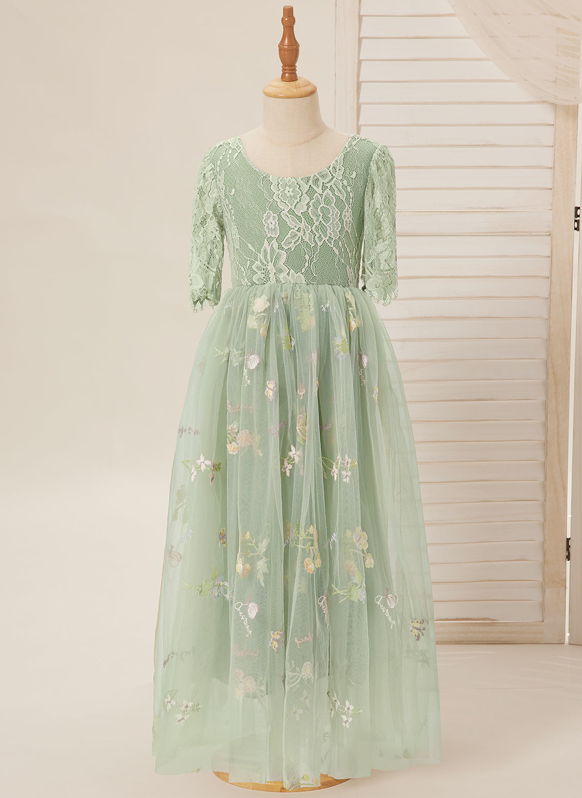 Salbeigrünes Blumenmädchenkleid aus Stoff mit U-Ausschnitt und Tüll (2003227581) 