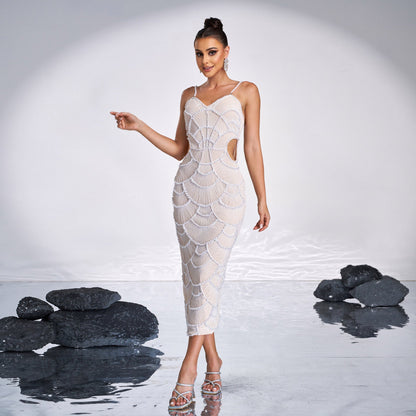V-Neck Cutout Sequin Beaded Gown – Glamorous Evening Dress