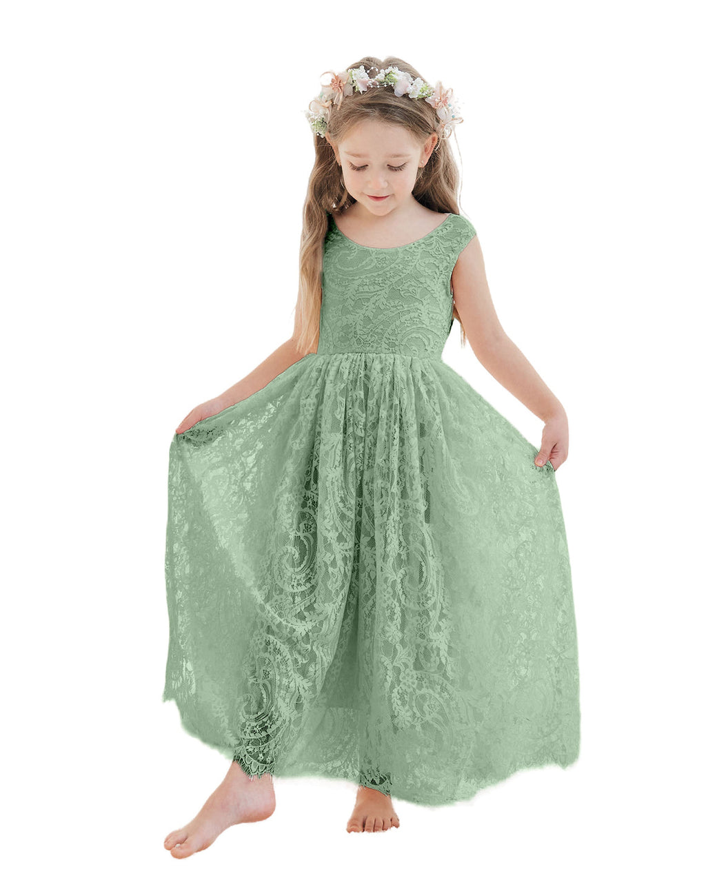 A-Linien-Spitze Knöchellanges Elfenbein Boho Blumenmädchenkleid 