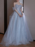 Vestido de noche elegante de corte A con hombros descubiertos, tul y lentejuelas, vestido de fiesta, vestido de novia Y7626