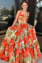 Adara | Vestidos de fiesta largos de satén con escote en forma de corazón y estampado floral en corte A