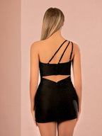 Addison | Schwarzes kurzes One-Shoulder-Homecoming-Kleid mit Perlen