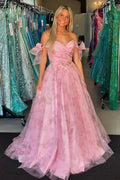 Adhara | Rosa A-Linie Off-Shoulder Langes Ballkleid mit Blumenmuster