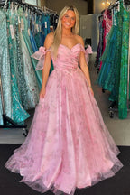 Adhara | Rosa A-Linie Off-Shoulder Langes Ballkleid mit Blumenmuster