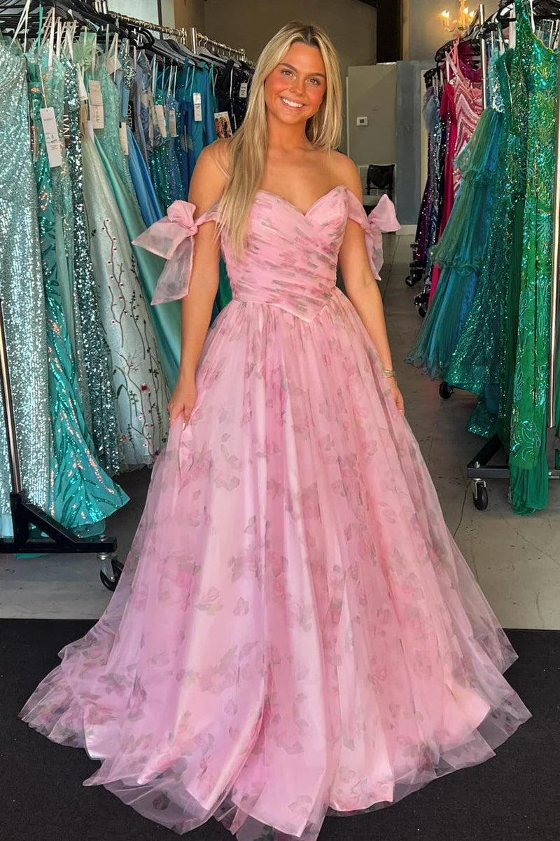 Adhara | Rosa A-Linie Off-Shoulder Langes Ballkleid mit Blumenmuster