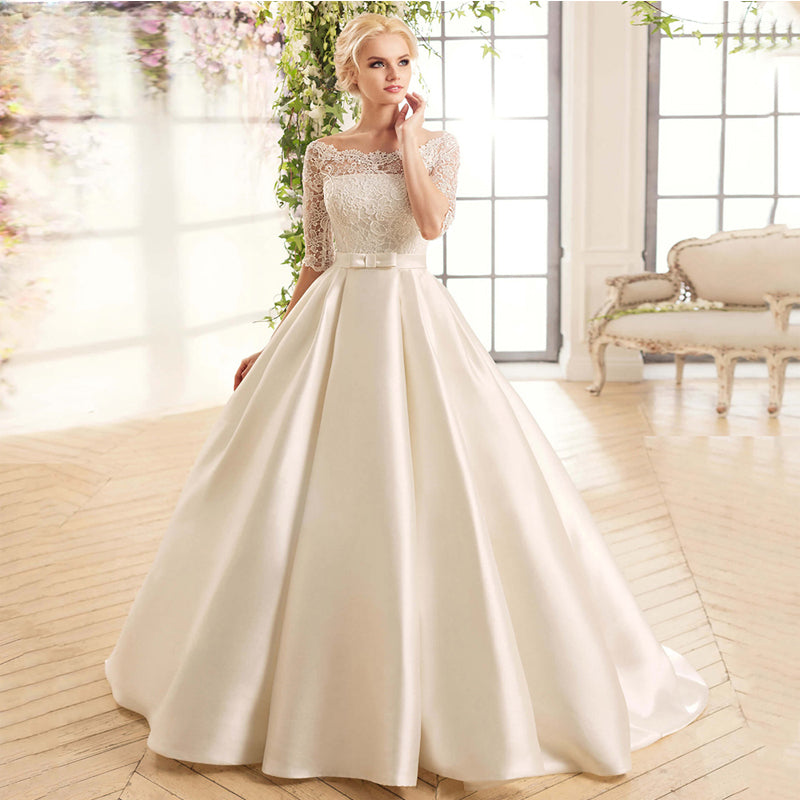 Elegant Lace Wedding Dresses For Women Half Sleevess Bride With Belt Bow Vestidos De Novia Boda Suknia Ślubna Robe Mariée-payinti