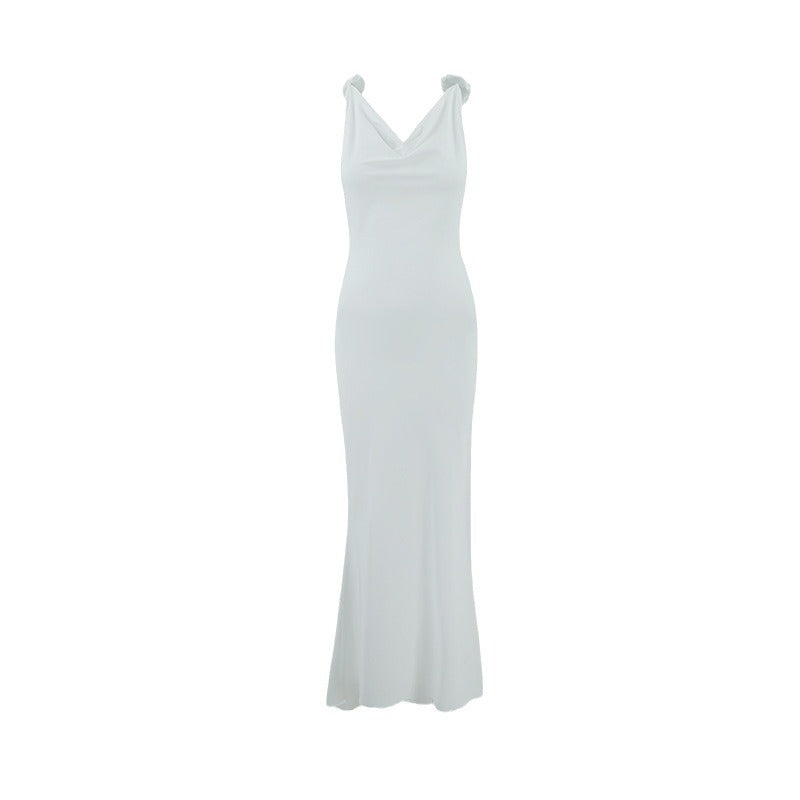 Women Slim Fit Sexy Evening Dress Deep V Plunge neck Backless Floral Decorative Shoulder Strap Fishtail Dress